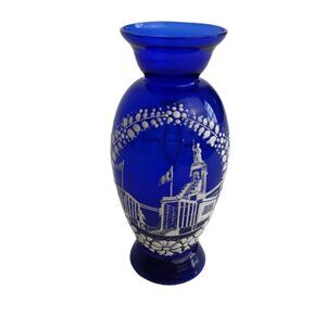 VTG 1939 New York World's Fair Cobalt Blue Glass Vase Italian Pavilion Scene 4.5